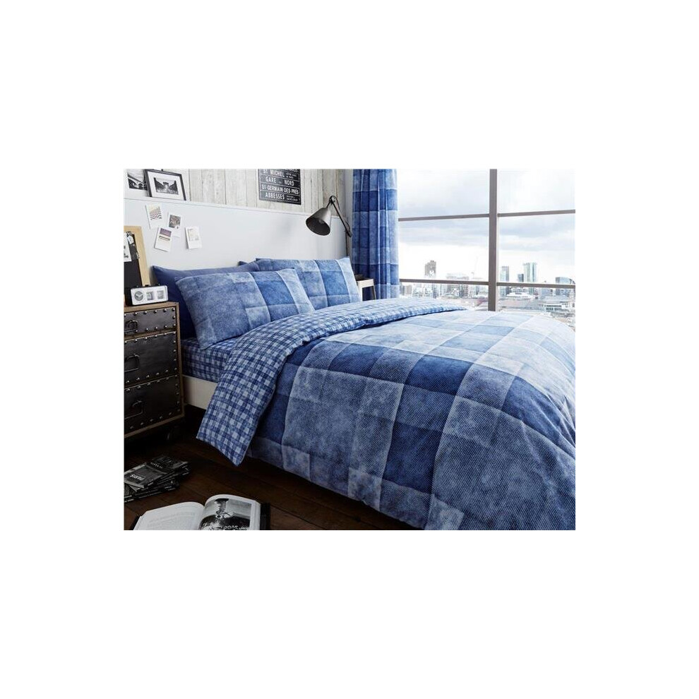 (Double) Blue denim patch print squares duvet set quilt cover & pillow cases bedding