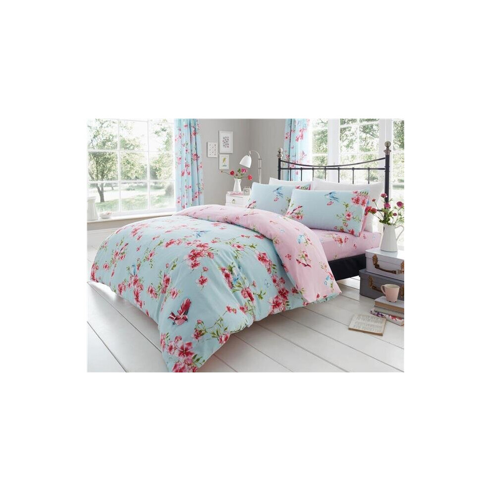 (King) Duvet set blue birds pink blossom flowers duvet quilt cover & pillow cases