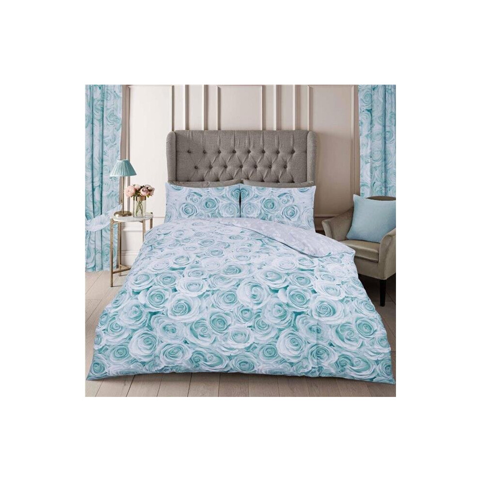 (Double) Duvet set roses duck egg blue quilt cover & pillow cases ombre bedding set