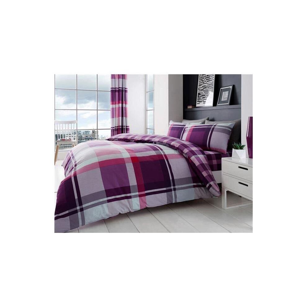 (King) Check Duvet Sets Purple Pink Tartan Bedding Quilt Cover Pillow Cases