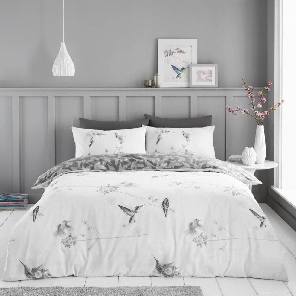 (Single) Duvet set grey white bedding pretty flower humming bird quilt cover pillow cases