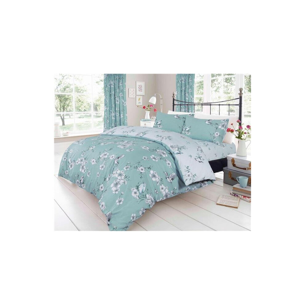 Homemaker Bedding (King) Duvet Set Flowers Birds Blossom Duck Egg Teal Bedding Quilt Cover Pillow Cases Blue