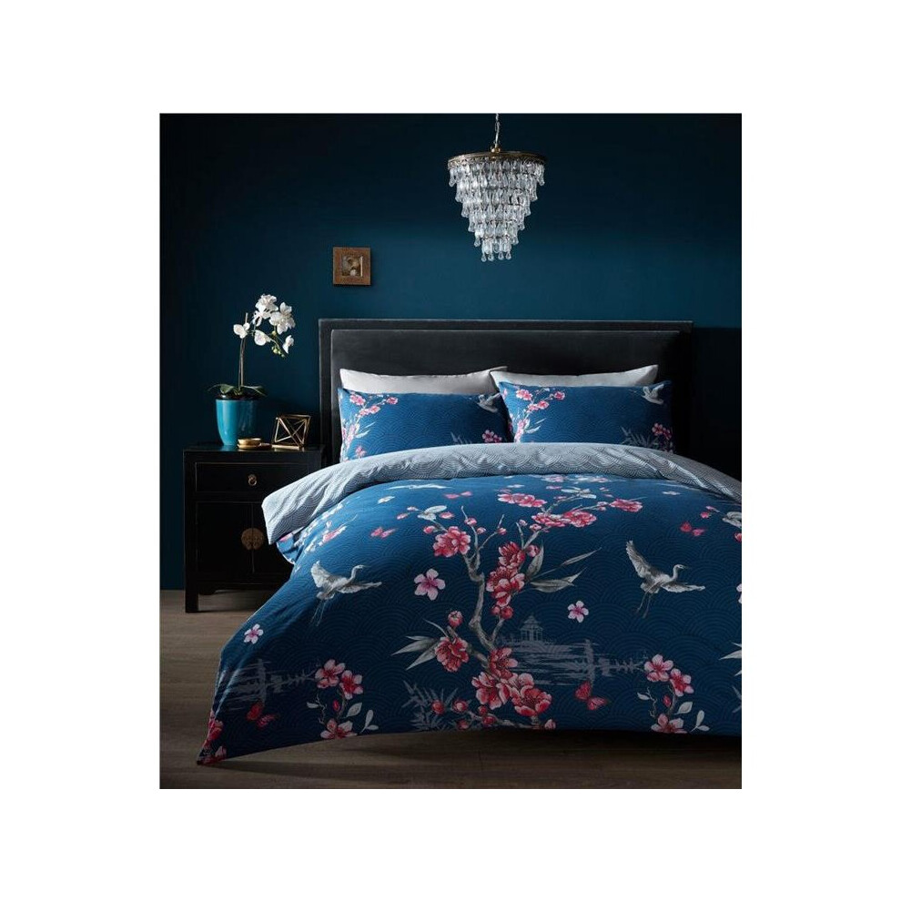 (King) Japanese blossom duvet sets blue quilt cover & pillow cases oriental bedding