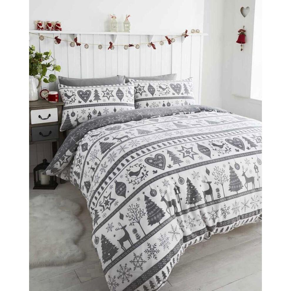 (Grey, Double) Christmas bedding duvet cover set teal xmas reindeer stag tree festive home