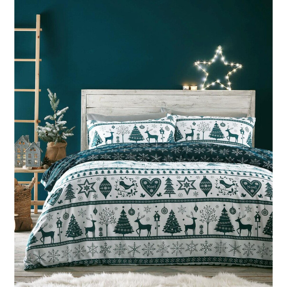 (Teal, King) Christmas bedding duvet cover set teal xmas reindeer stag tree festive home