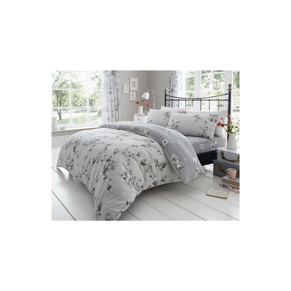 (Double) Grey duvet set blossom flowers birds & butterflies bedding quilt cover set