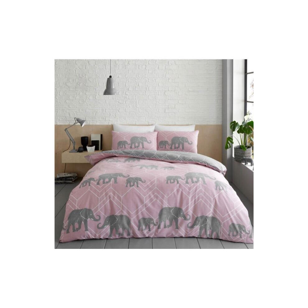 (Double) Pink Duvet Set Grey Elephant Geometric Bedding Blush Quilt Cover Bed Set