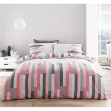 (King) Duvet set grey & pink linear block stripe geometric bedding quilt cover