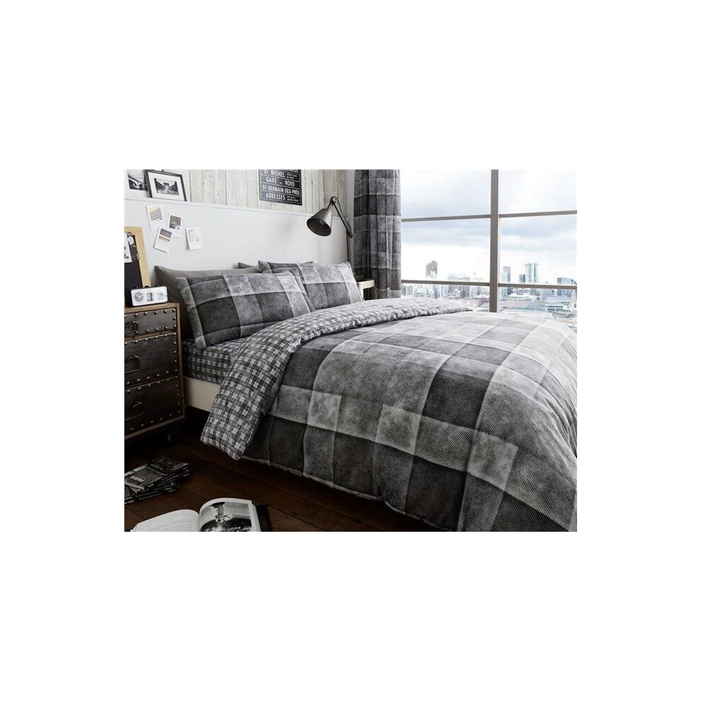 (Single) Grey duvet set check charcoal denim patch print squares quilt cover pillow case