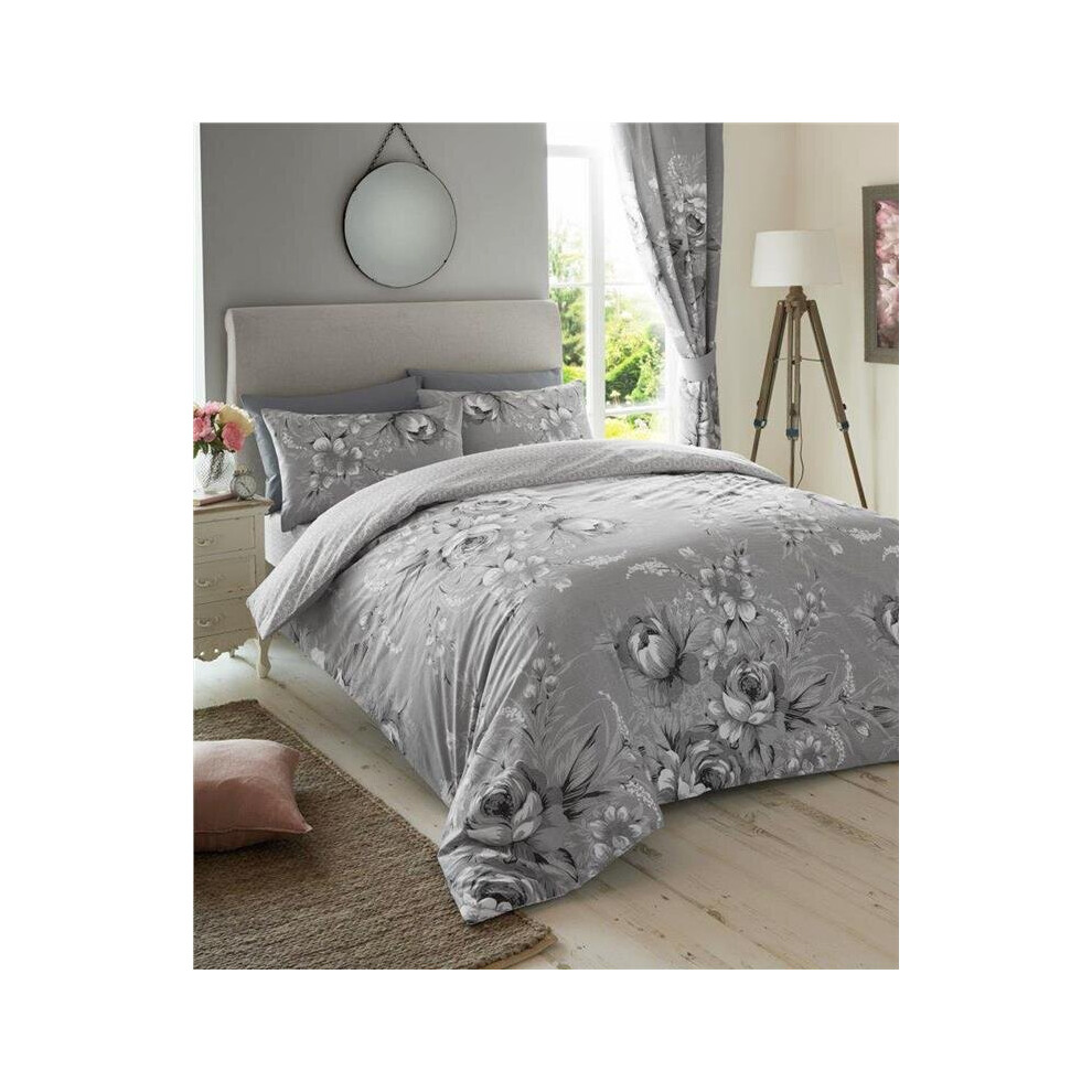 (Double) Grey duvet set flower bouquet bedding mono shades quilt cover & pillow cases