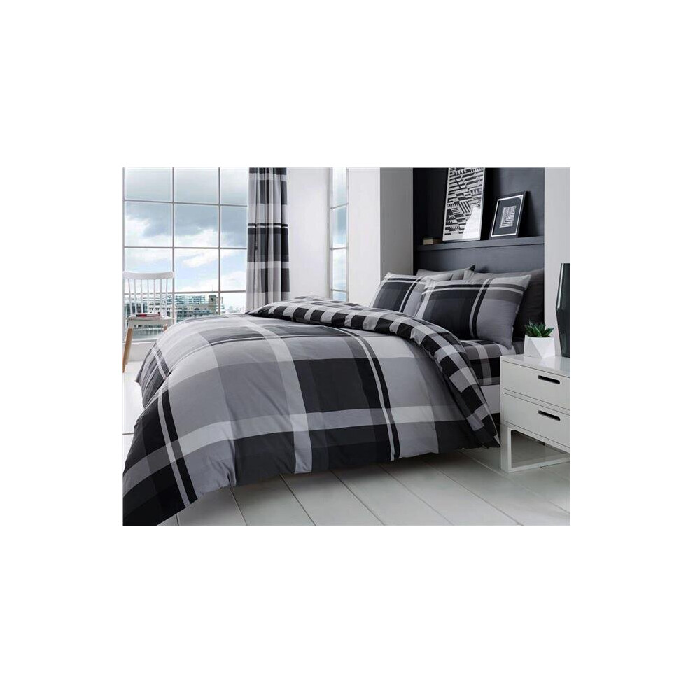 (Double) Grey bedding duvet set check quilt cover & pillow cases modern charcoal tartan