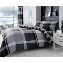 (King) Grey bedding duvet set check quilt cover & pillow cases modern charcoal tartan