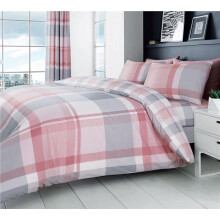 (King) Pink bedding duvet set check quilt cover pillow cases modern grey & blush tartan