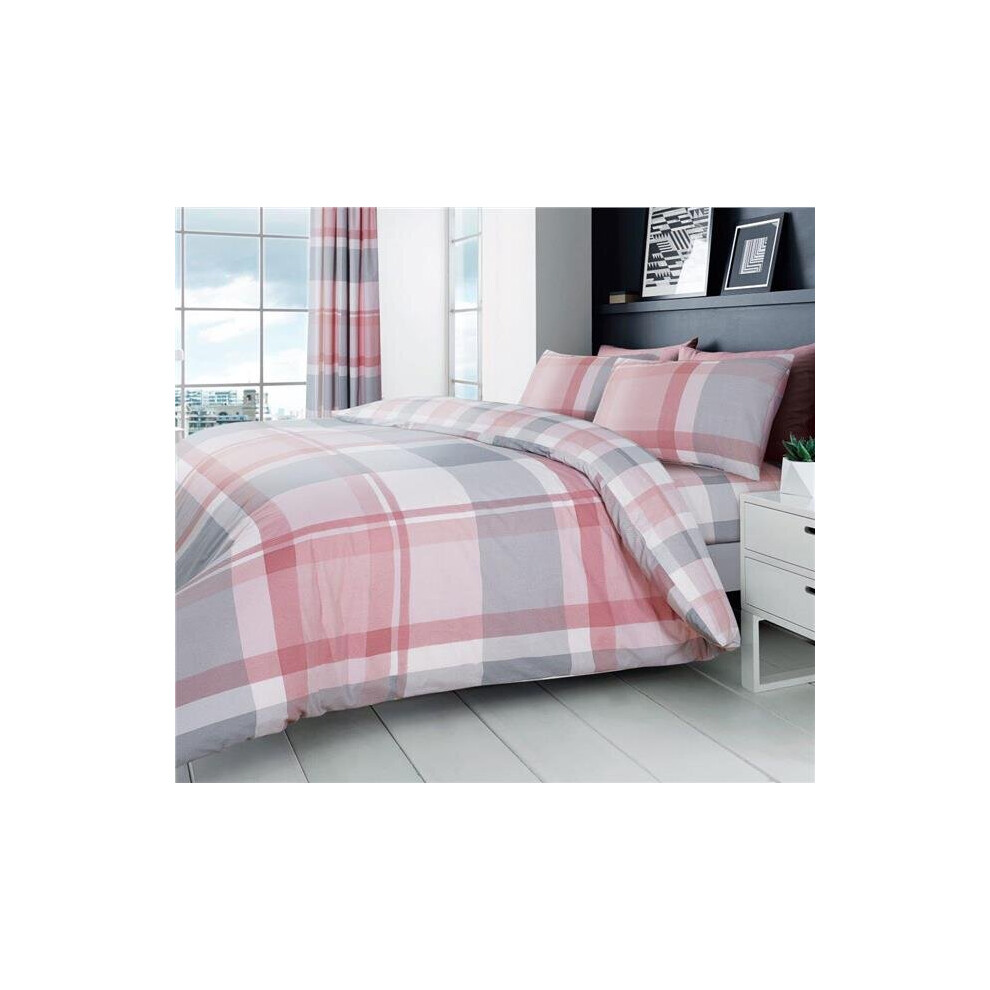 (King) Pink bedding duvet set check quilt cover pillow cases modern grey & blush tartan