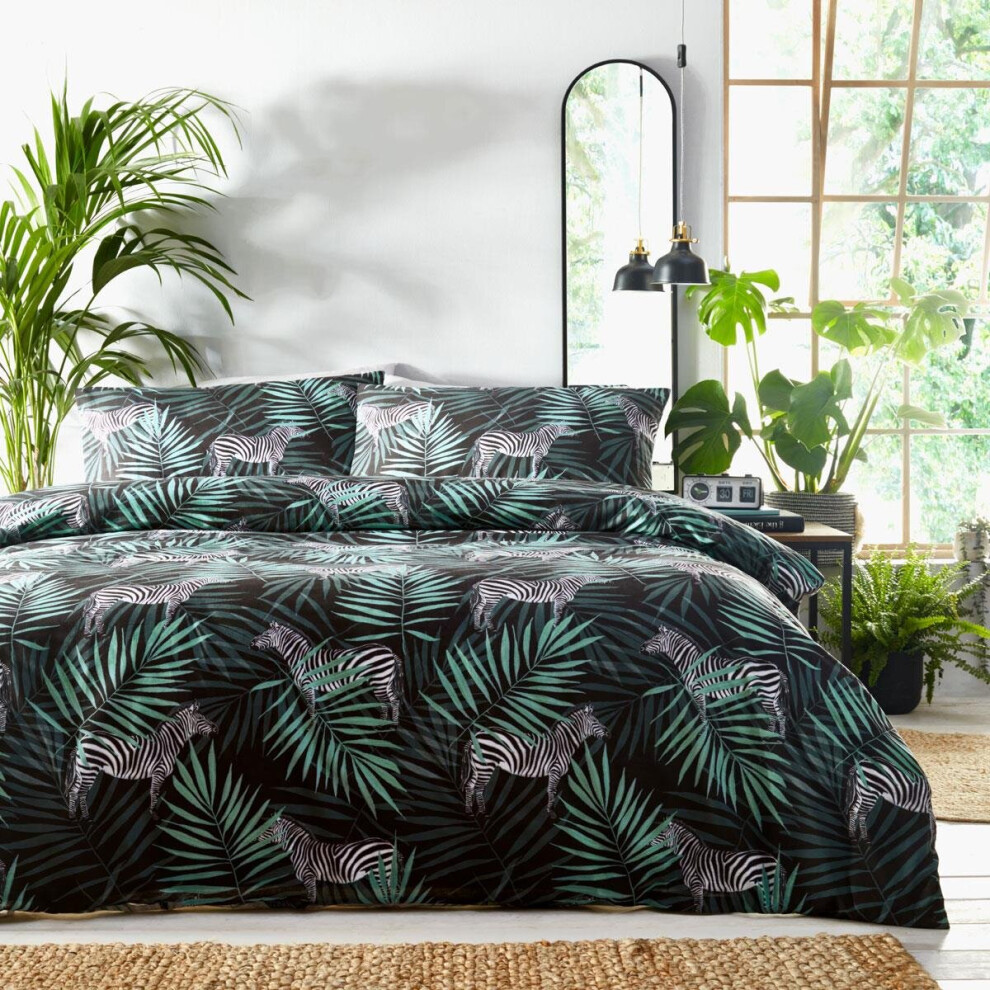 (Double) Duvet Set Zebra Jungle Palm Leaf Print Tropical Bedding Quilt Cover Black Green