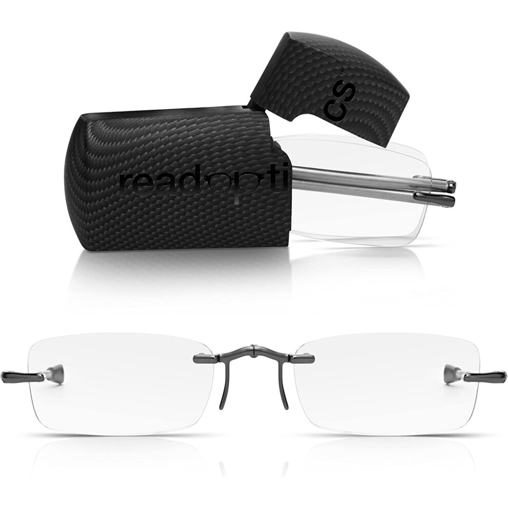 Fold Up Glasses +3.5, Rimless Style Specs for Men & Women, Super Compact to fit in Pocket, with Black Case. Read Optics-image-OPC-P9ZCMCB-NEW