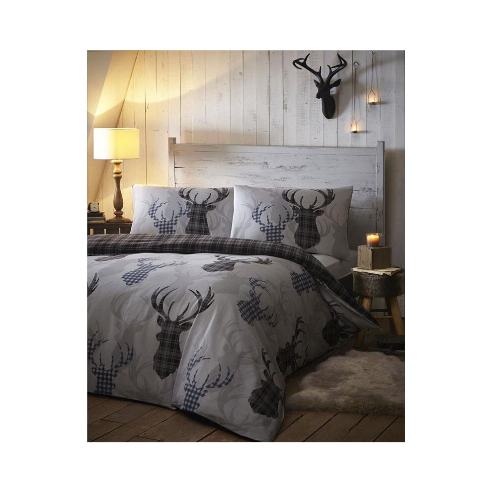 (Double) Stag duvet sets with tartan check reverse quilt cover grey / blue rustic bedding