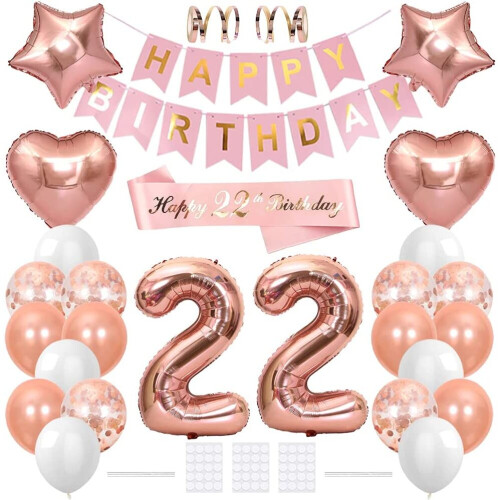 Xihuimay 22nd Birthday Decoration Happy Birthday Banner Flag Birthday Party Supplies Happy 22nd Birthday Sash Number 22 Balloon Confetti Latex Helium on OnBuy