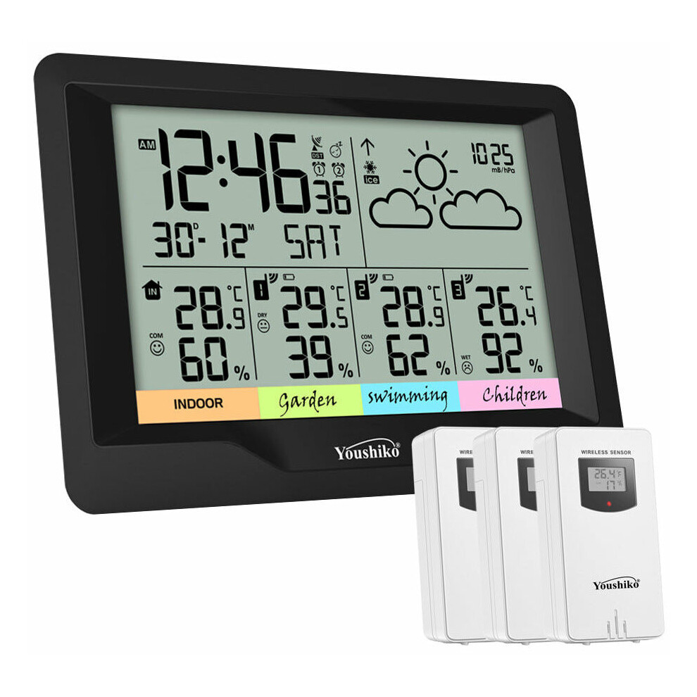 Youshiko YC9333 (Official 2022 UK Version), with 3 x Wireless Sensors Weather Station, Radio Controlled Clock