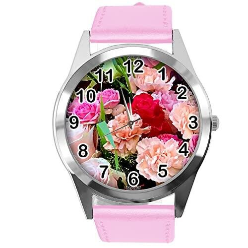 Pink Leather Round Watch for Flowers Fans e4