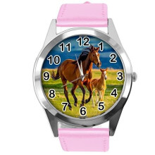 Pink Leather Round Watch for Horse Fans E5