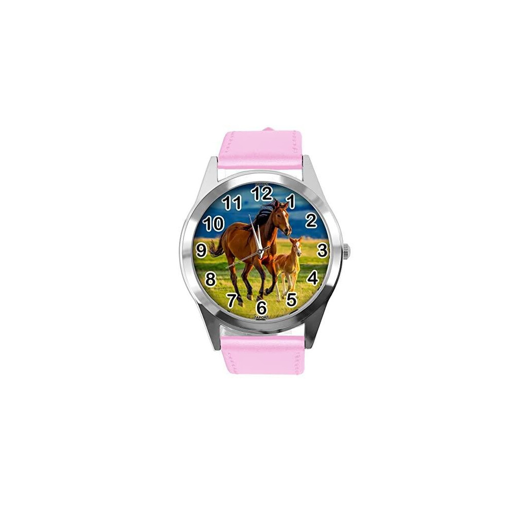 Pink Leather Round Watch for Horse Fans E5
