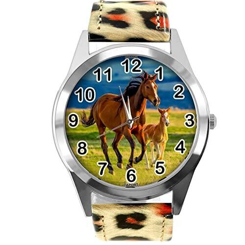 Leopard Print Leather Round Watch for Horse Fans E5