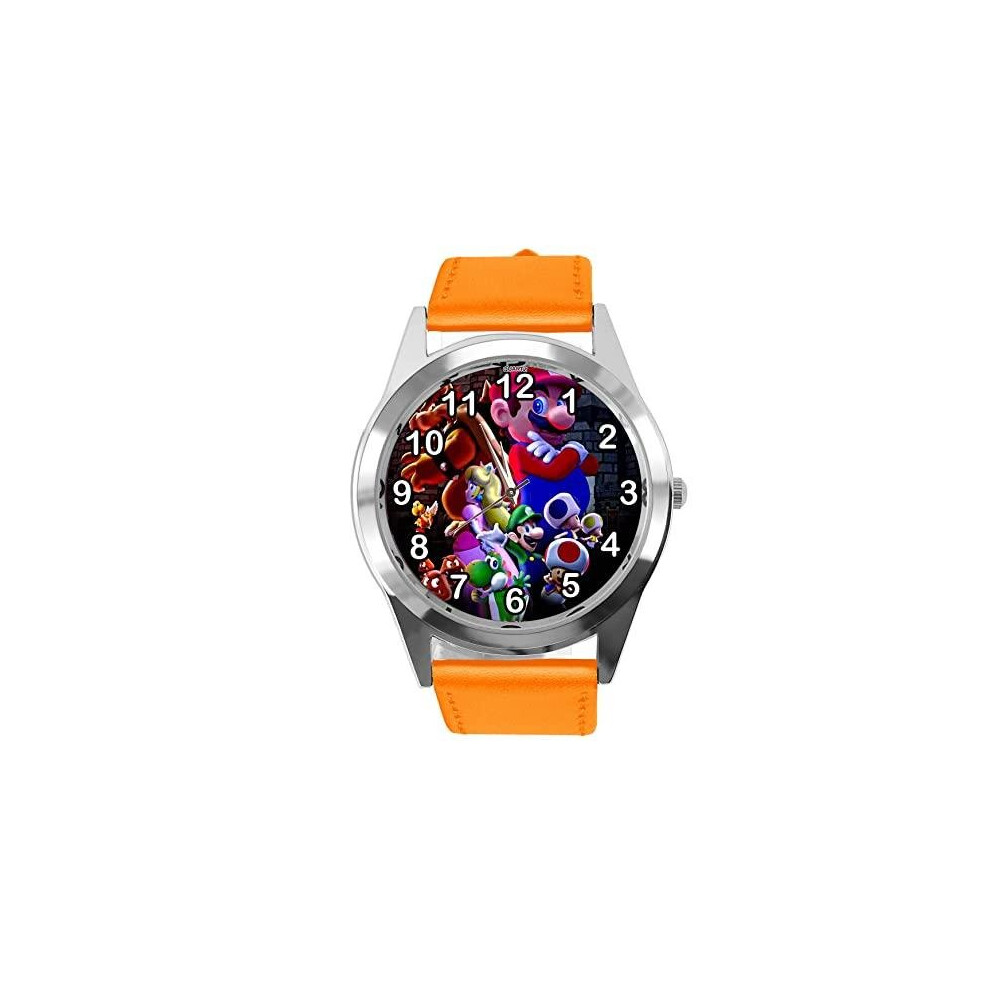 Photos - Wrist Watch Orange Leather Round Watch for Moustache Plumber Fans E4