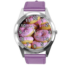 Purple Leather Round Watch for Donut Fans