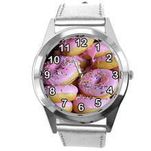 Silver Leather Round Watch for Donut Fans