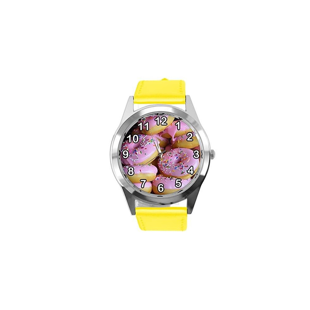 Photos - Wrist Watch Yellow Leather Round Watch for Donut Fans