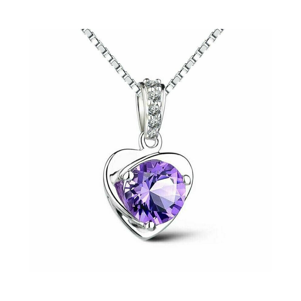 (Purple) Girls 925 Sterling Silver Necklace Heart Shaped Pendant Jewellery Gift for Women