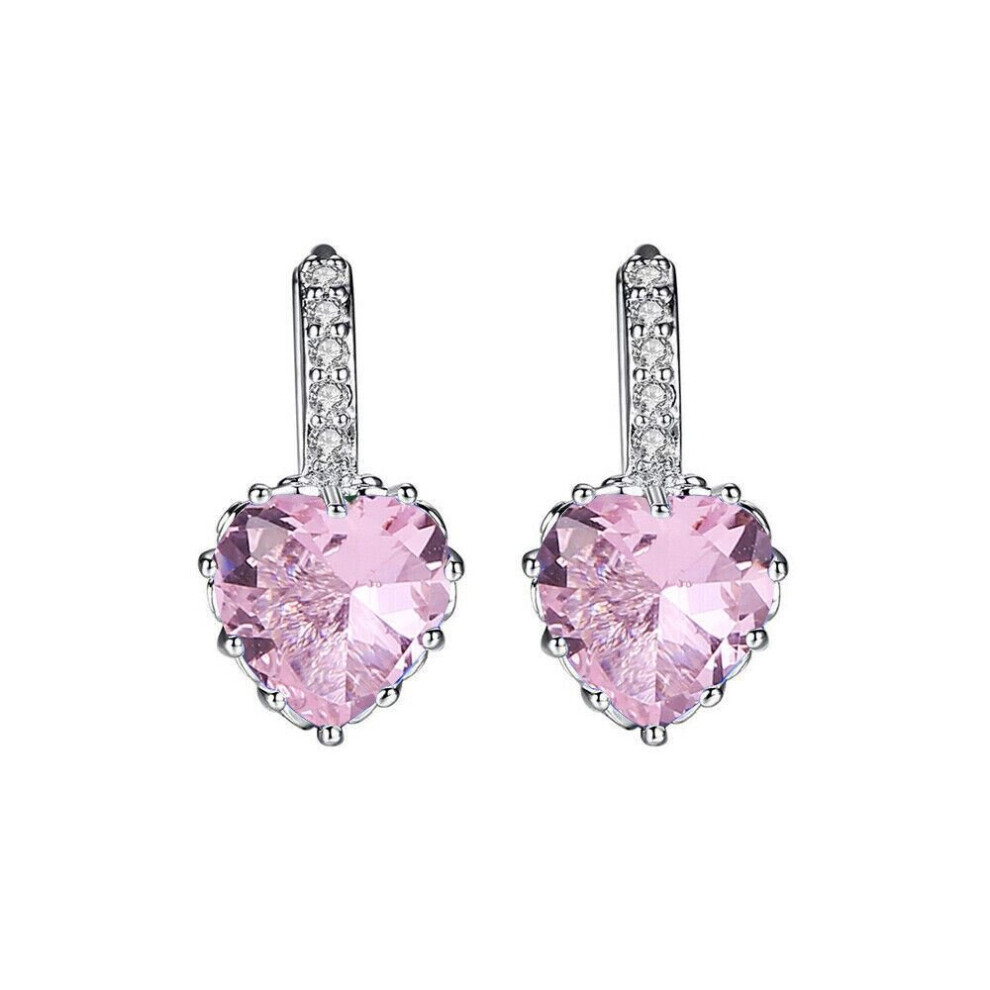 (Pink) Women Earrings Girls Heart Charm Stone Stud 925 Sterling Silver Zircon Jewellery