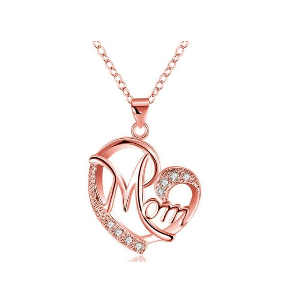 (Rose Gold) Women Silver Pendant Chain Necklaces Love Heart Mom Zircon Mum Mother's Day Gift