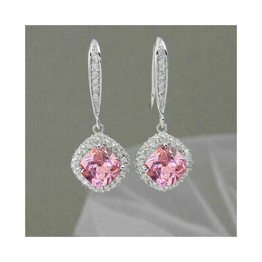 (Pink) Fashion 925 Silver Drop Earrings 6 Colours Cubic Zircon Women Jewellery Gift UK