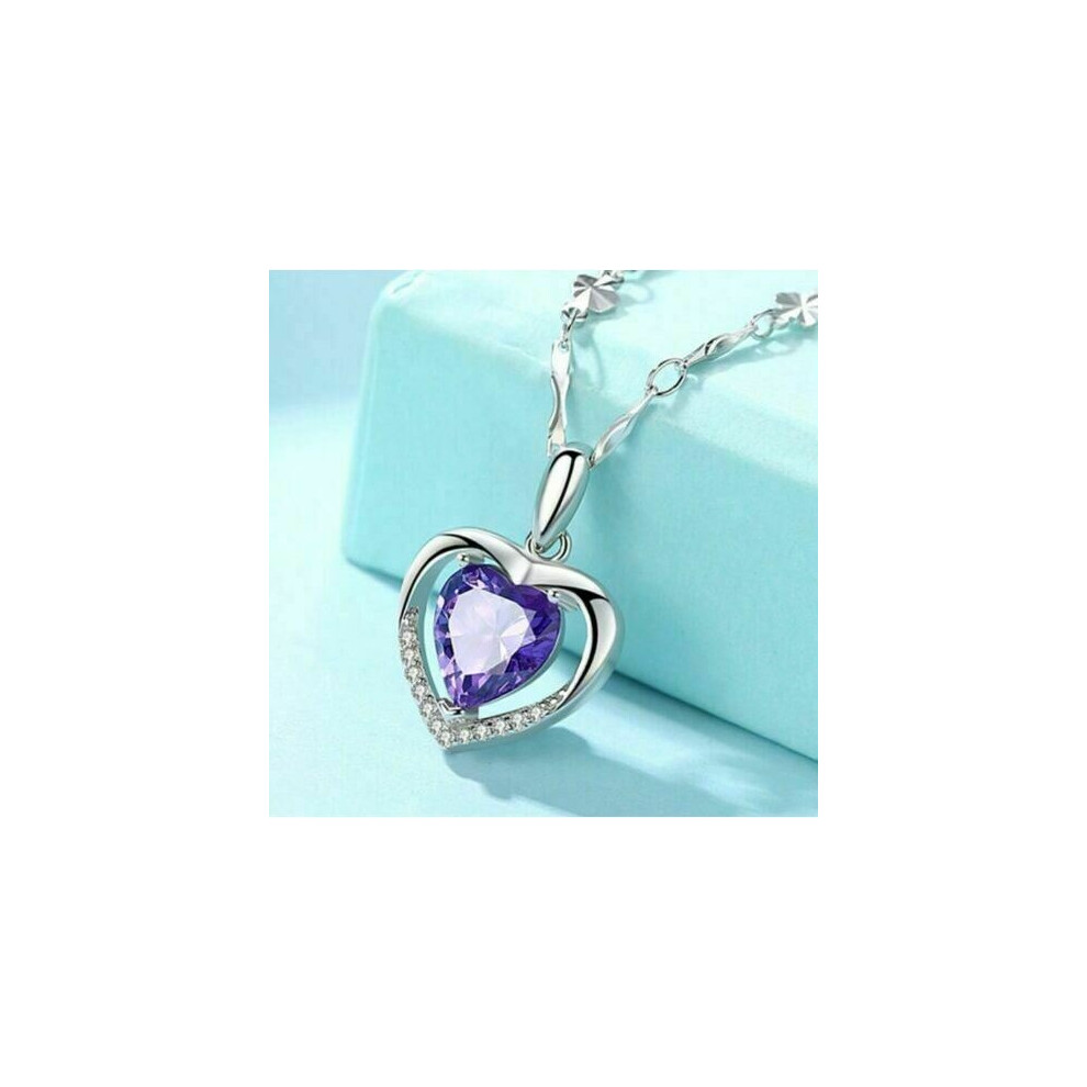 (Purple) 925 Sterling Silver Heart Crystal Stone Pendant  Necklace Women Jewellery UK