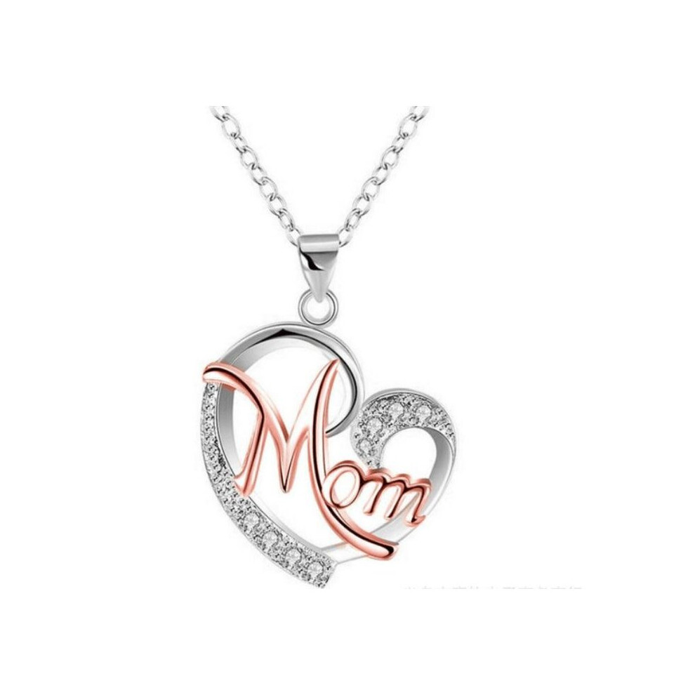 (Silver-Rose Gold) Women Silver Pendant Chain Necklaces Love Heart Mom Zircon Mum Mother's Day Gift