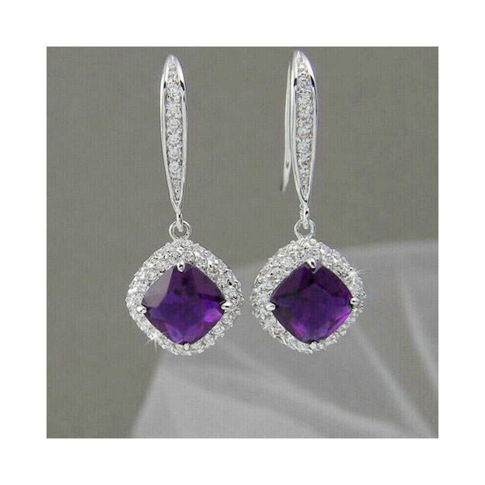 (Purple) Fashion 925 Silver Drop Earrings 6 Colours Cubic Zircon Women Jewellery Gift UK
