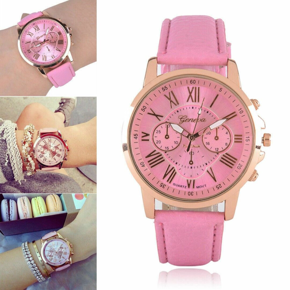 (Pink) Women Girl Watch Geneva Smart Leather Fashion Wrist Watch Analog Quartz Gift