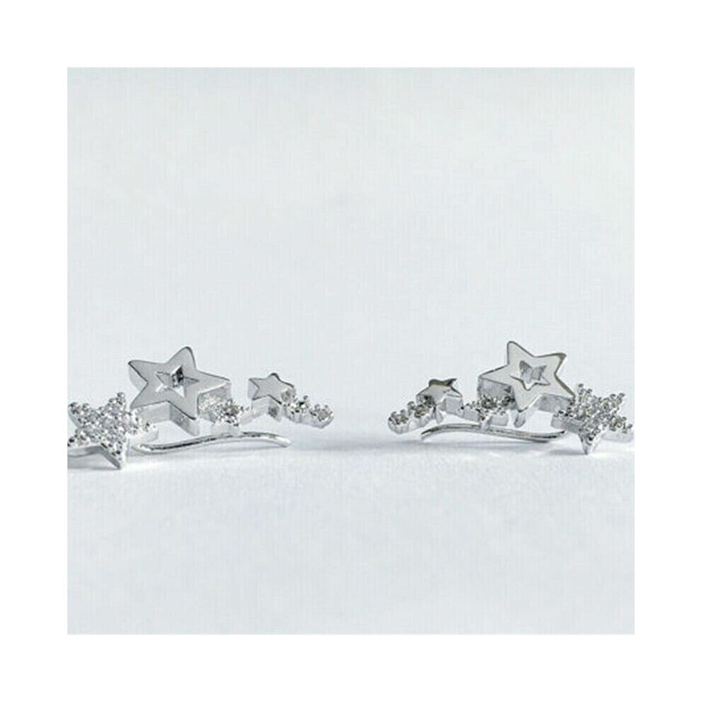 (Silver) Women Jewellery Silver Gold Rose Gold Stud Earrings Cute Cubic Zirconia Stars UK