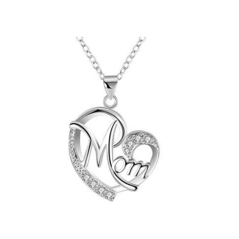 (Silver) Women Silver Pendant Chain Necklaces Love Heart Mom Zircon Mum Mother's Day Gift