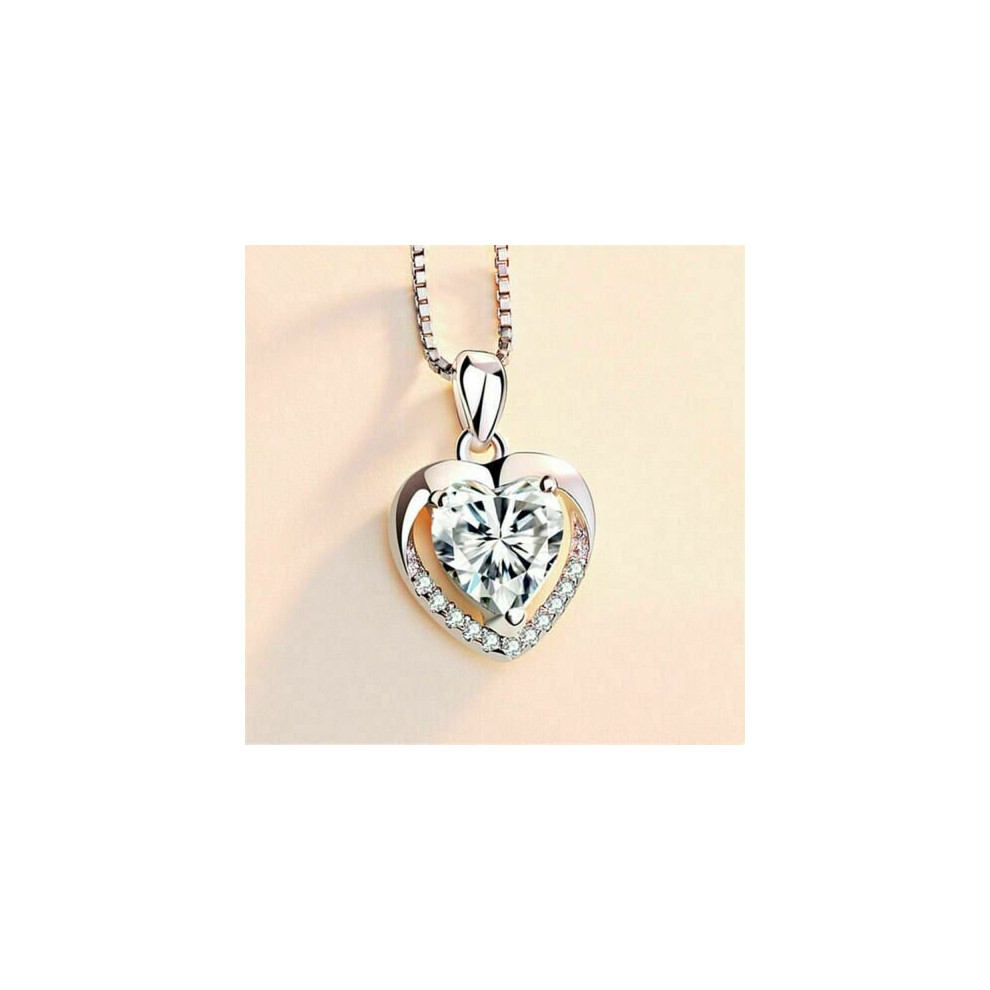 (Silver) 925 Sterling Silver Heart Crystal Stone Pendant  Necklace Women Jewellery UK