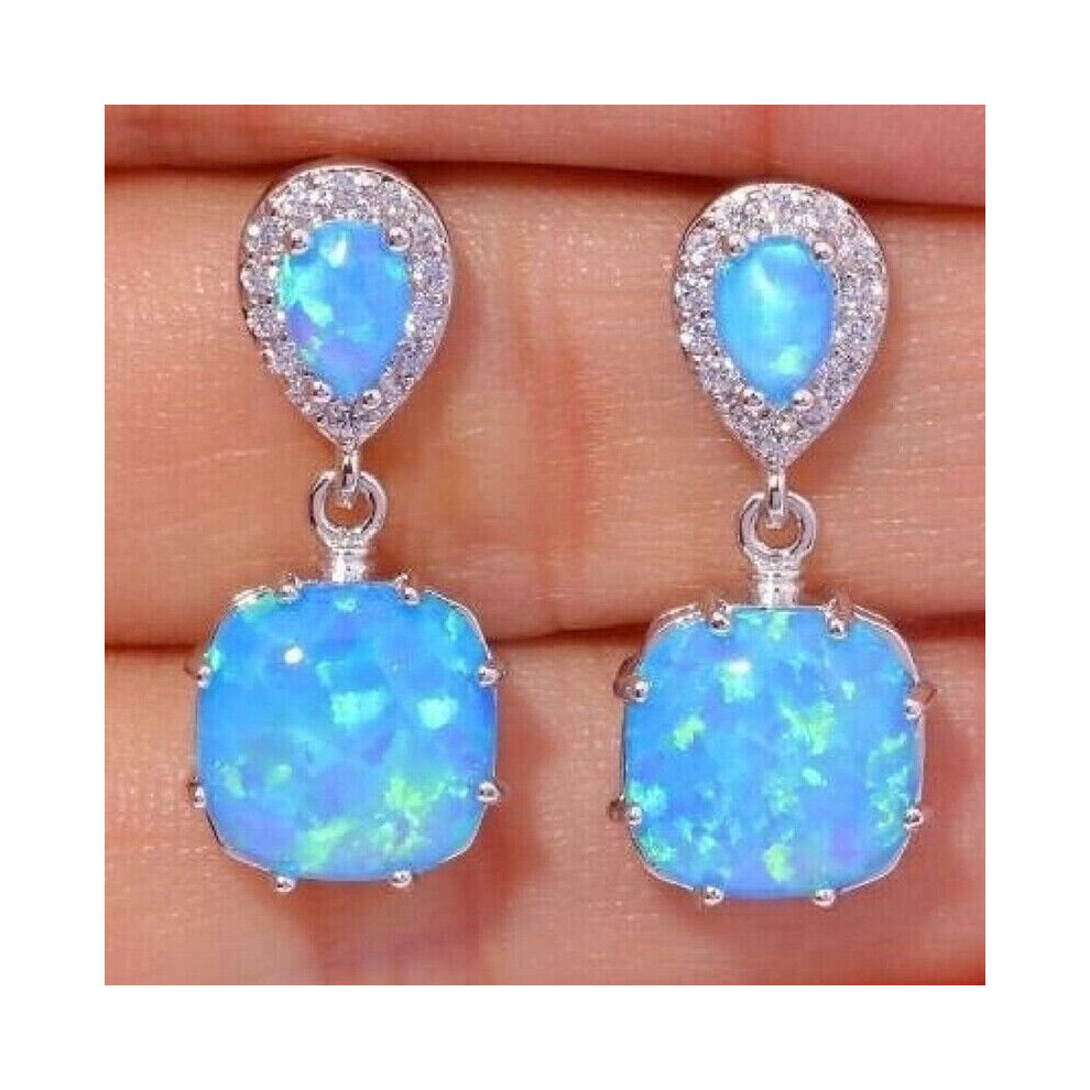 (Blue) Womens Large Double Opal Style Square Stud Earrings Danles Drop Ocean Blue Uk