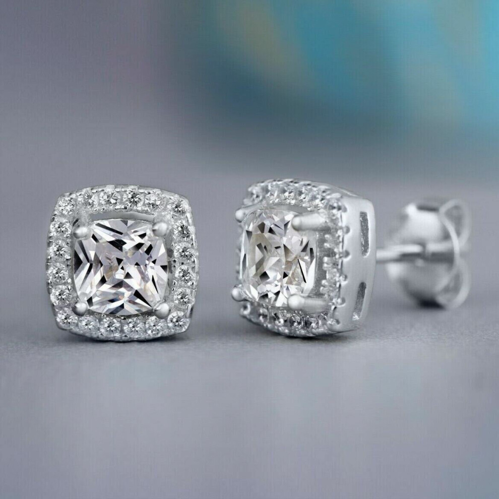 (Square-Silver) Women Girls Cubic Zirconia Round Square Earrings Jewellery 925 Silver Gold Stud