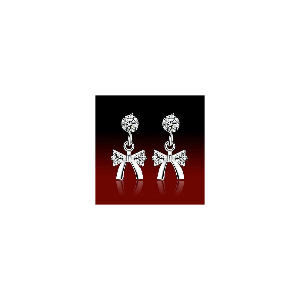 (Clear) 925 Sterling Silver Drop Stud Bow Earrings Women Ladies Girls Jewellery Gift UK