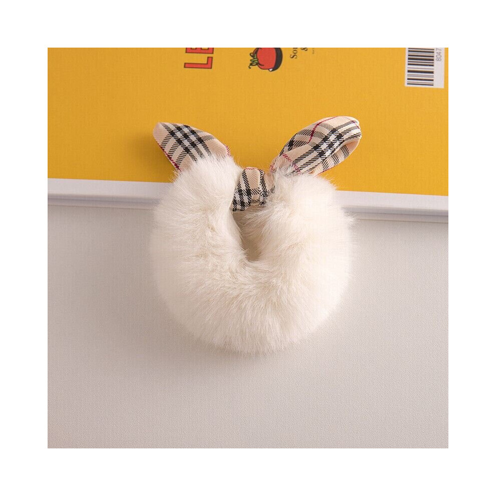 (Burberry Pattern- White) Faux Rabbit Fur Hair Ring Hair Band Scrunchies Plush Bow-knot Hair Rope & Tie UK