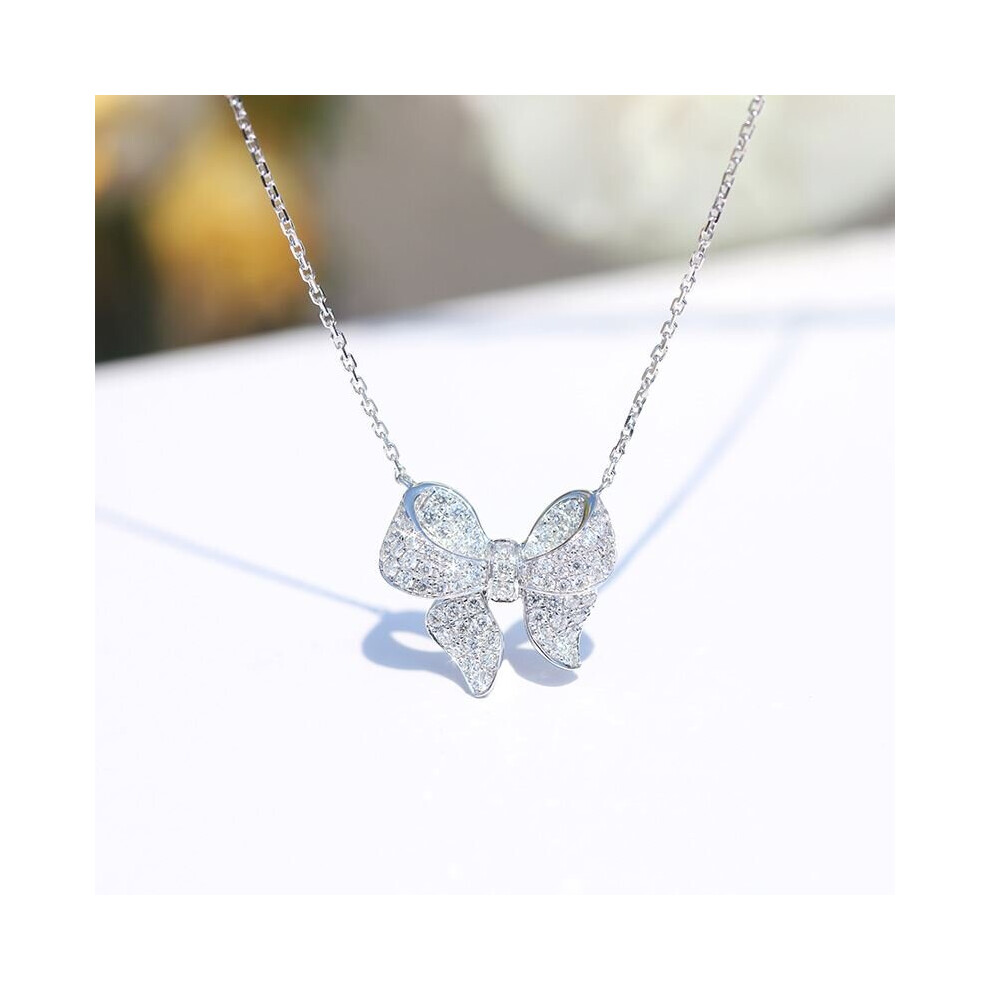 925 Sterling Silver Necklace Cubic Zirconia Tie Knot Bow Chain Women Jewellery