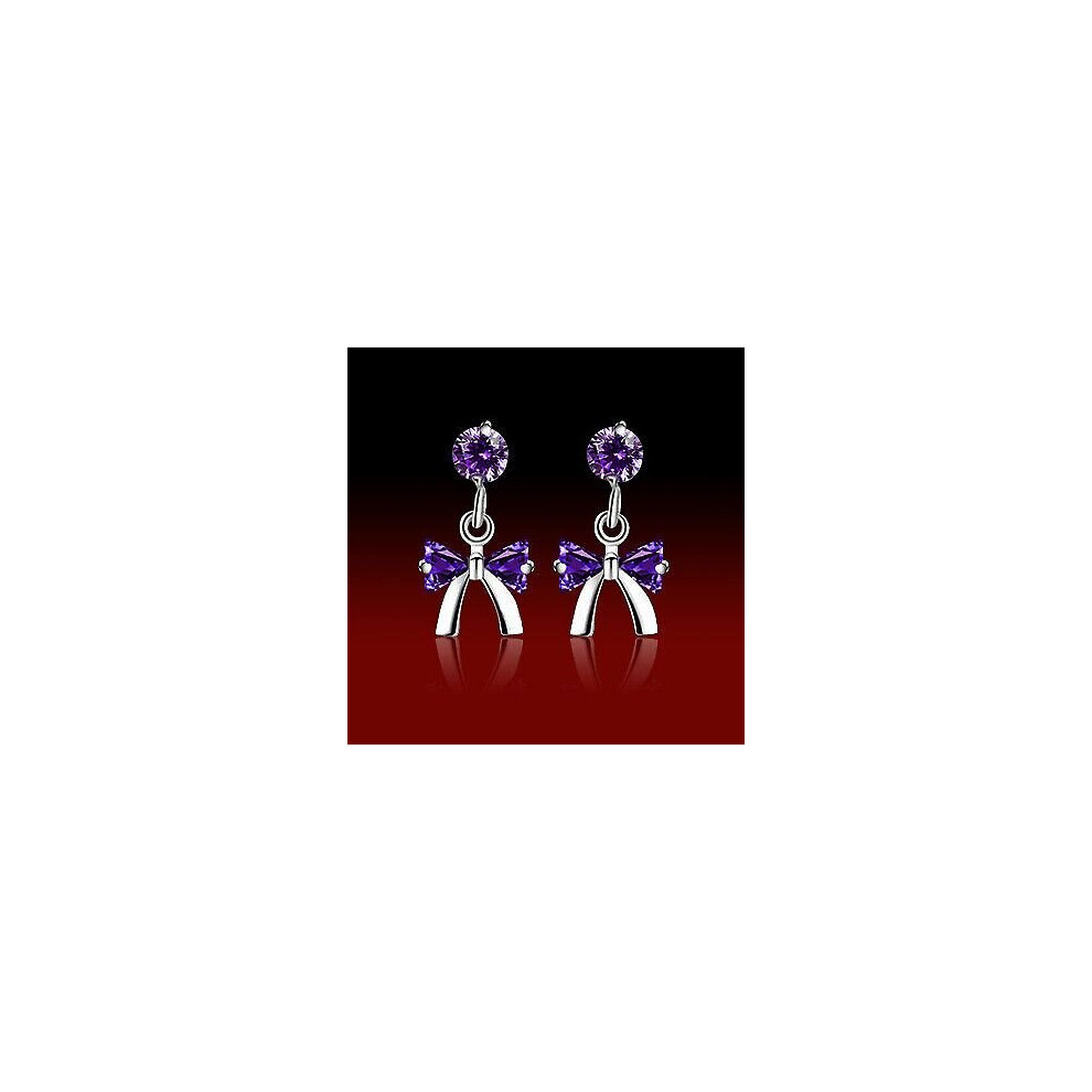 (Purple) 925 Sterling Silver Drop Stud Bow Earrings Women Ladies Girls Jewellery Gift UK
