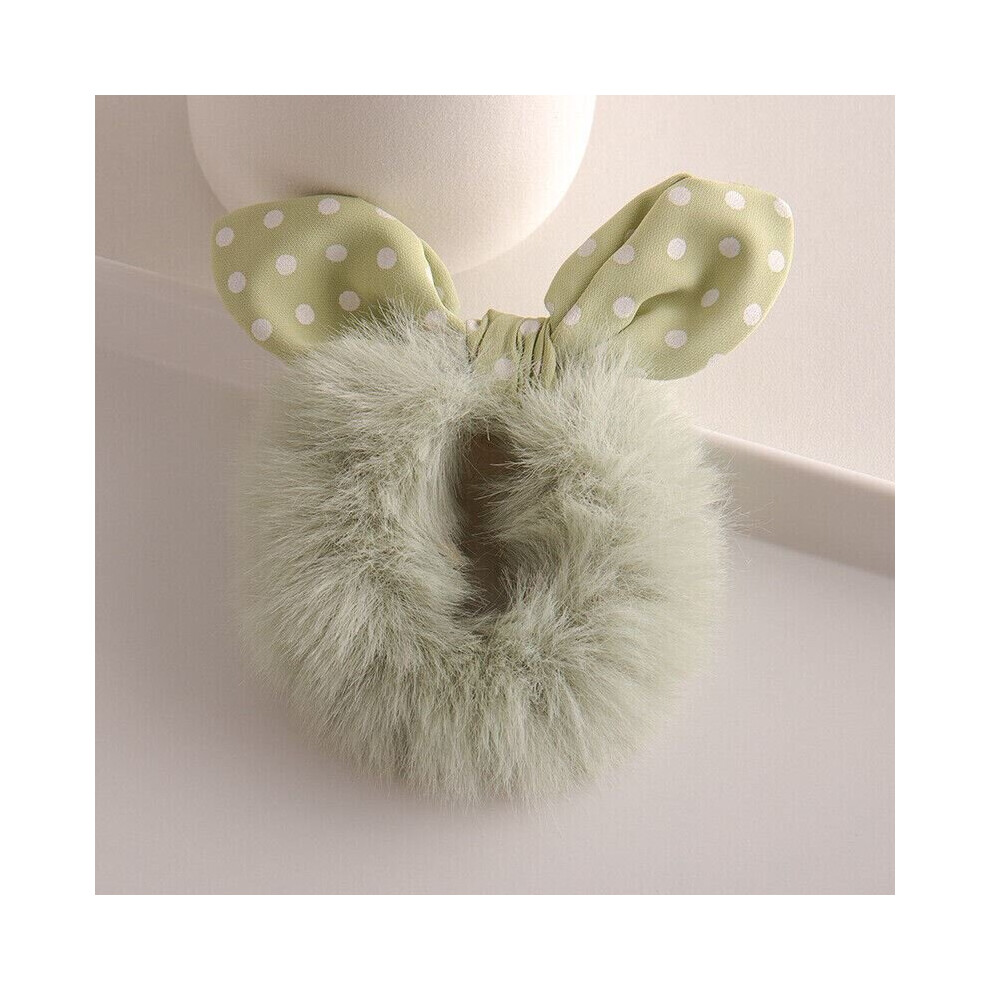 (Polka Dot- Green) Faux Rabbit Fur Hair Ring Hair Band Scrunchies Plush Bow-knot Hair Rope & Tie UK