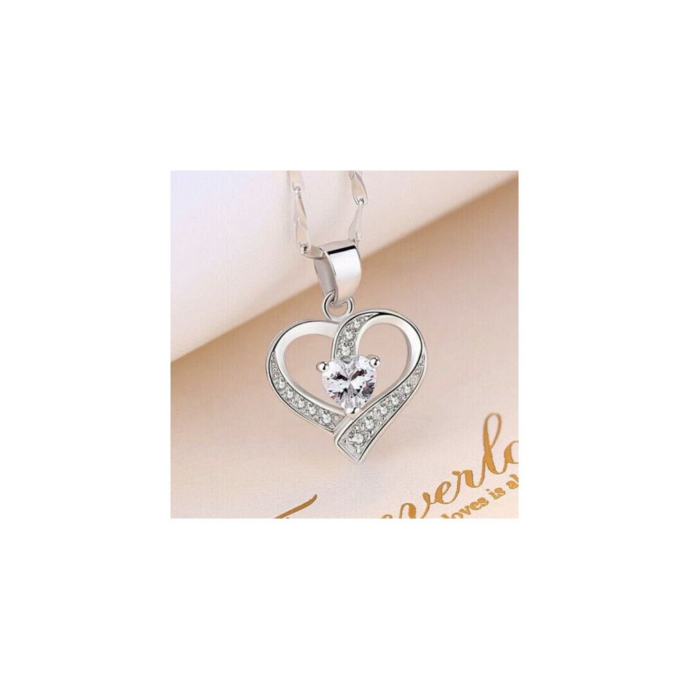 Women Ladies Heart Swirl Stone Silver Pendant Chain Necklace Gift Jewellery